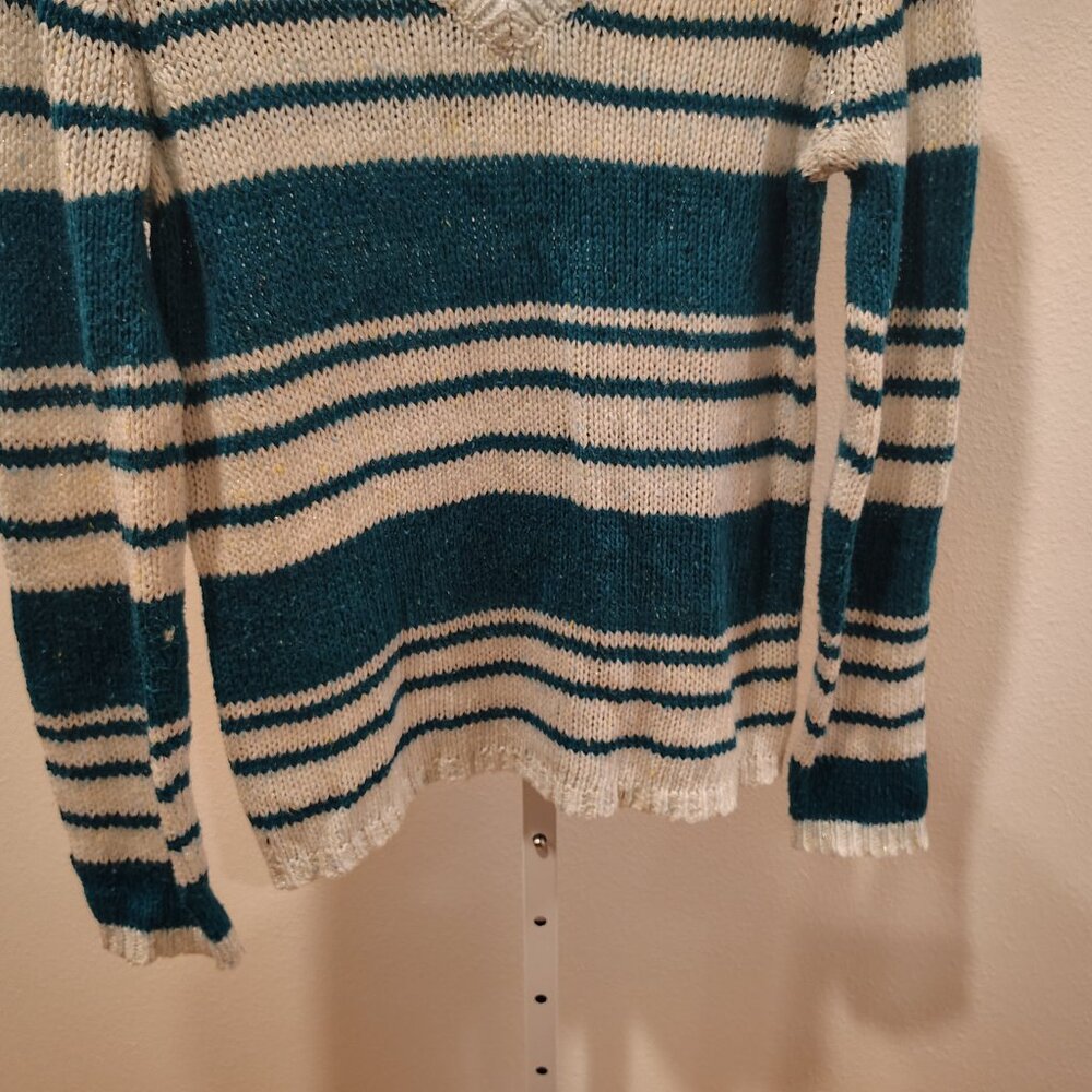 St. John's Bay Women's V-Neck Sweater Teal White Stripes Mesh Style Size Medium - Picture 4 of 10